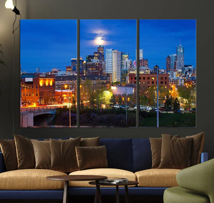 Denver Night Skyline Cloudy Moon Photo Canvas Print Cityscape Wall Art