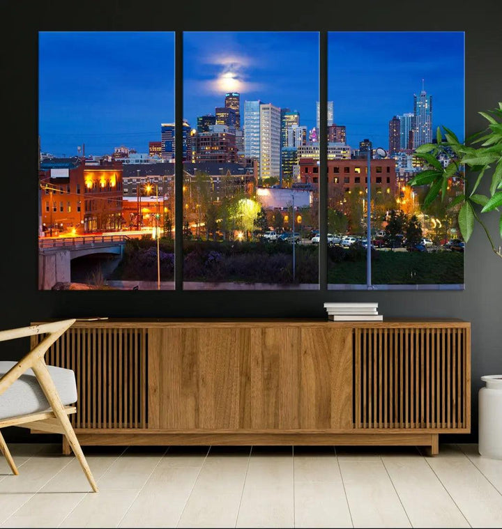 Denver Night Skyline Cloudy Moon Photo Canvas Print Cityscape Wall Art