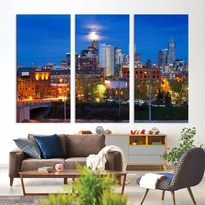 Denver Night Skyline Cloudy Moon Photo Canvas Print Cityscape Wall Art