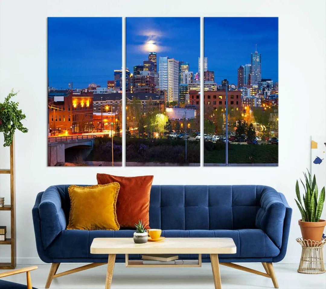 Denver Night Skyline Cloudy Moon Photo Canvas Print Cityscape Wall Art