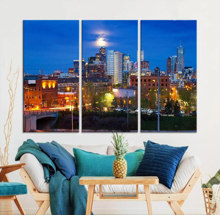 Denver Night Skyline Cloudy Moon Photo Canvas Print Cityscape Wall Art