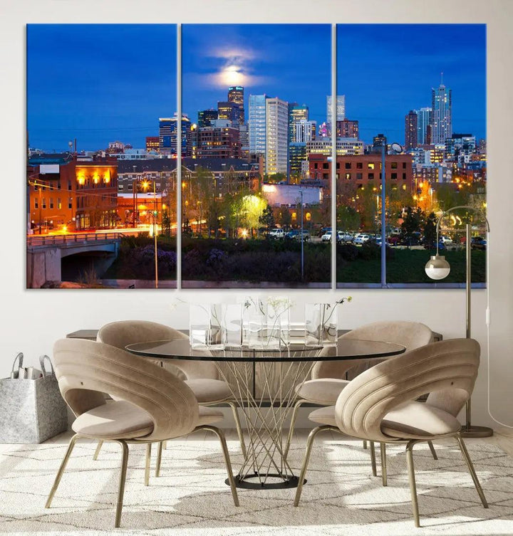 Denver Night Skyline Cloudy Moon Photo Canvas Print Cityscape Wall Art