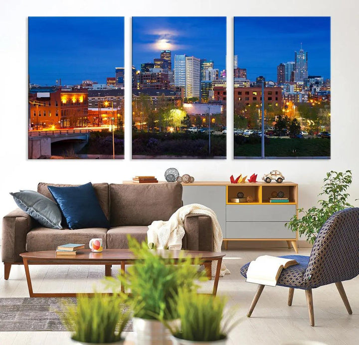 Denver Night Skyline Cloudy Moon Photo Canvas Print Cityscape Wall Art