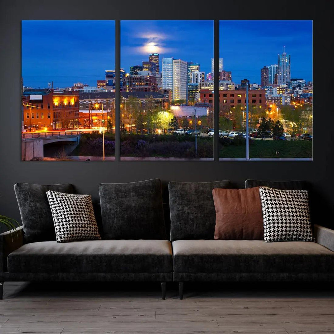 Denver Night Skyline Cloudy Moon Photo Canvas Print Cityscape Wall Art