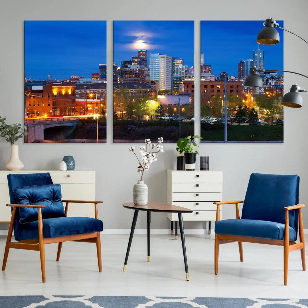 Denver Night Skyline Cloudy Moon Photo Canvas Print Cityscape Wall Art