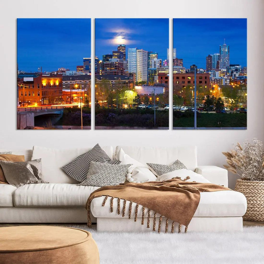 Denver Night Skyline Cloudy Moon Photo Canvas Print Cityscape Wall Art