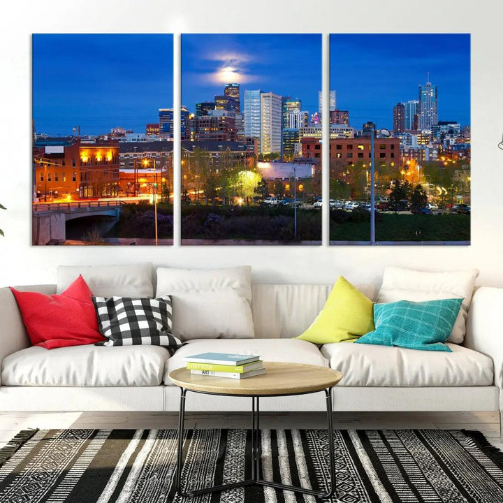 Denver Night Skyline Cloudy Moon Photo Canvas Print Cityscape Wall Art