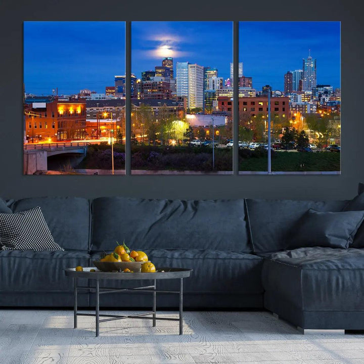 Denver Night Skyline Cloudy Moon Photo Canvas Print Cityscape Wall Art