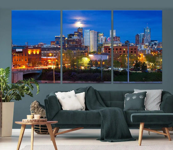 Denver Night Skyline Cloudy Moon Photo Canvas Print Cityscape Wall Art