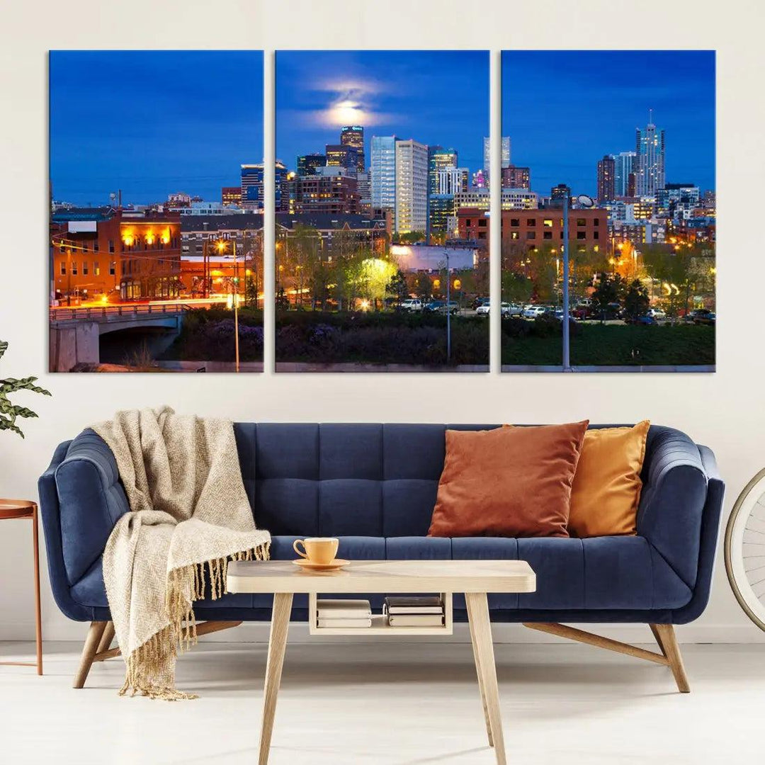 Denver Night Skyline Cloudy Moon Photo Canvas Print Cityscape Wall Art