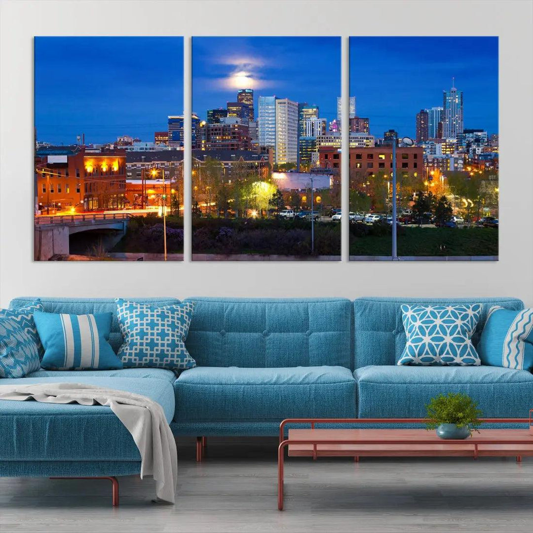 Denver Night Skyline Cloudy Moon Photo Canvas Print Cityscape Wall Art