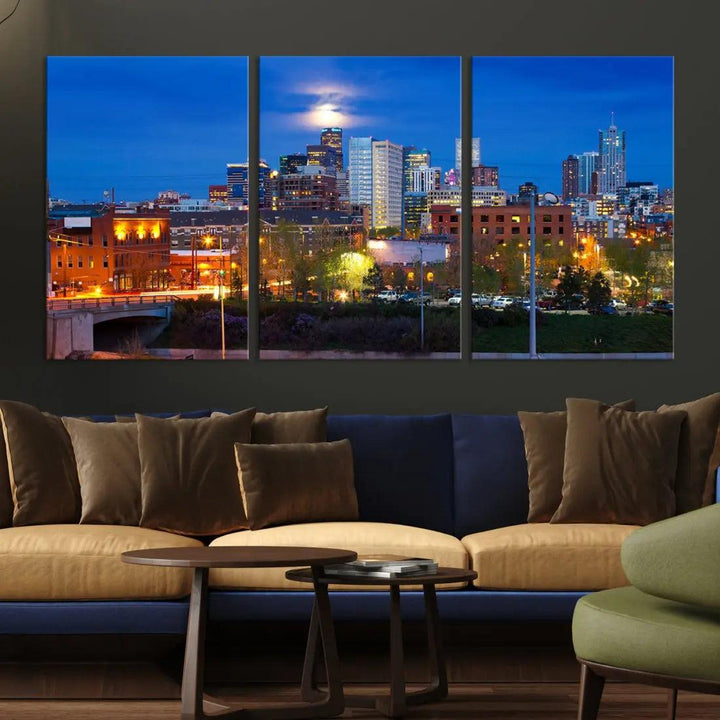 Denver Night Skyline Cloudy Moon Photo Canvas Print Cityscape Wall Art