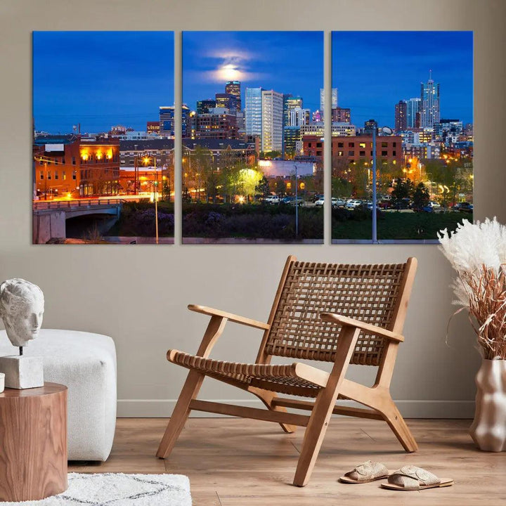 Denver Night Skyline Cloudy Moon Photo Canvas Print Cityscape Wall Art