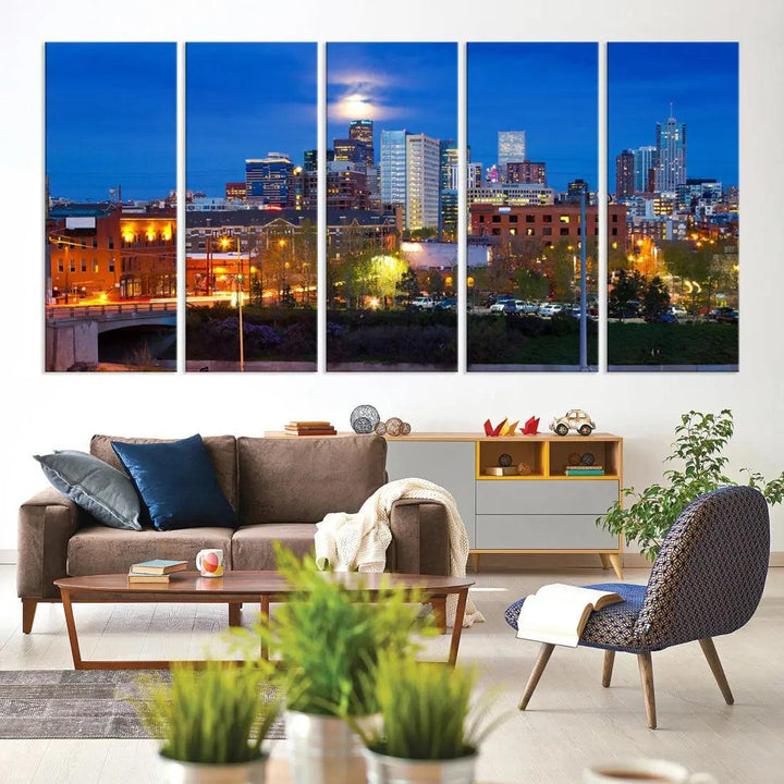 Denver Night Skyline Cloudy Moon Photo Canvas Print Cityscape Wall Art