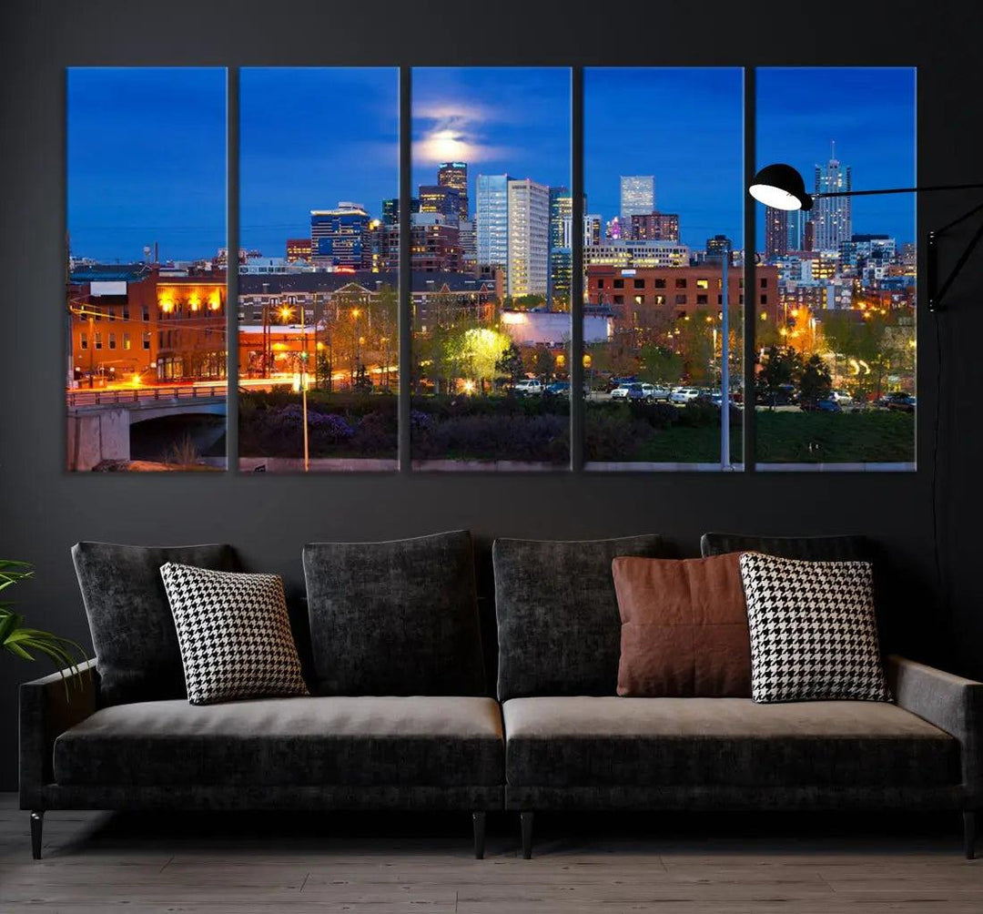 Denver Night Skyline Cloudy Moon Photo Canvas Print Cityscape Wall Art