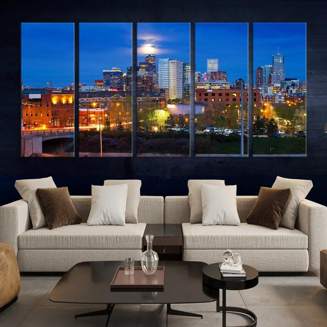 Denver Night Skyline Cloudy Moon Photo Canvas Print Cityscape Wall Art