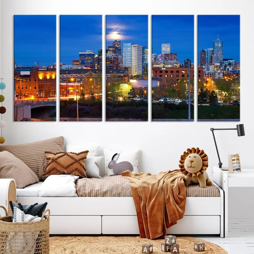 Denver Night Skyline Cloudy Moon Photo Canvas Print Cityscape Wall Art