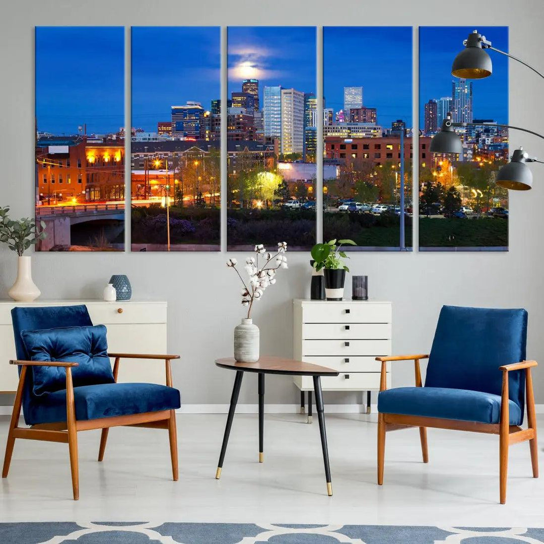 Denver Night Skyline Cloudy Moon Photo Canvas Print Cityscape Wall Art