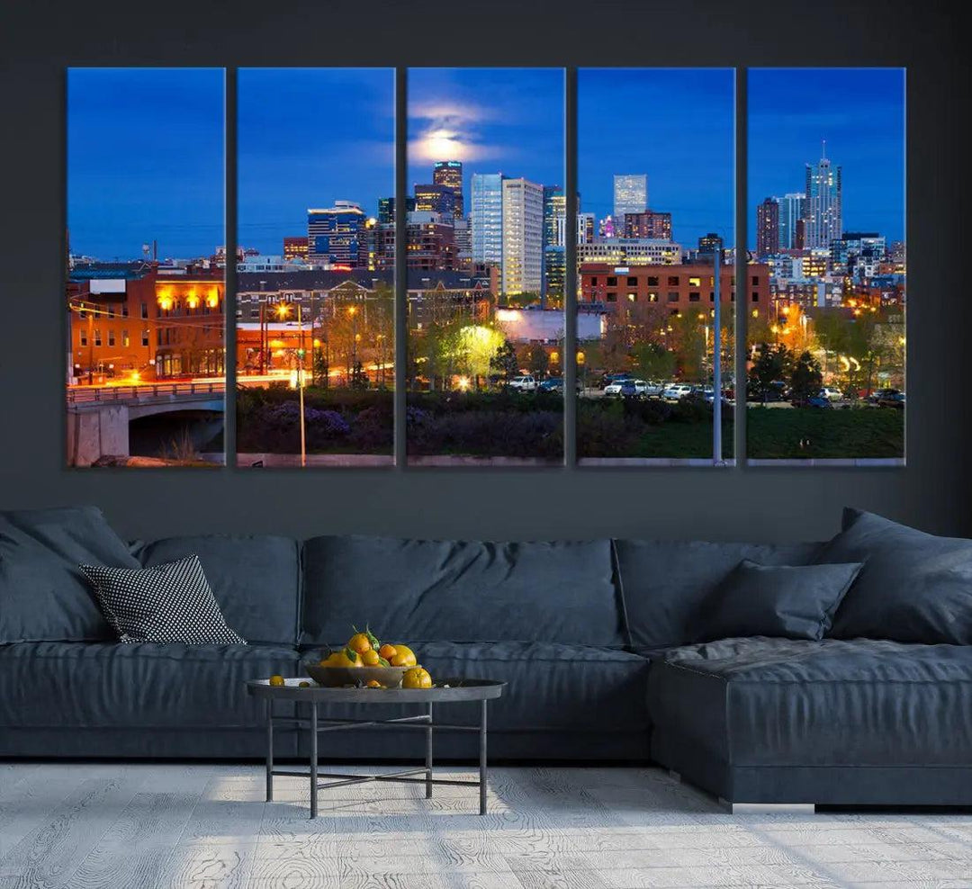 Denver Night Skyline Cloudy Moon Photo Canvas Print Cityscape Wall Art