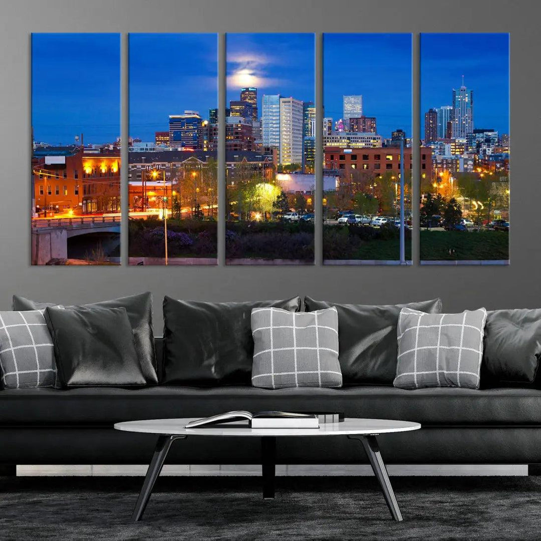 Denver Night Skyline Cloudy Moon Photo Canvas Print Cityscape Wall Art