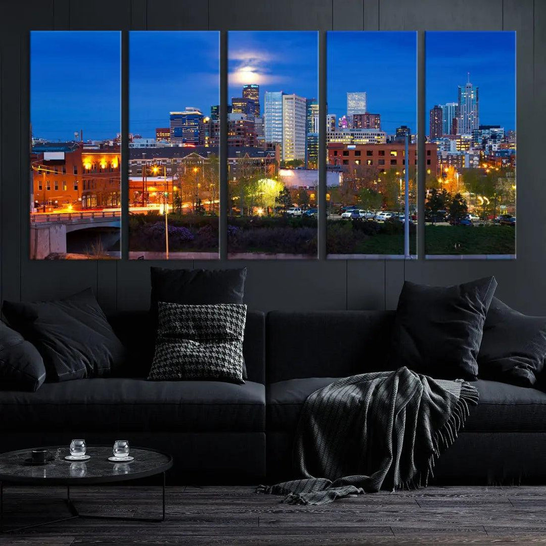 Denver Night Skyline Cloudy Moon Photo Canvas Print Cityscape Wall Art