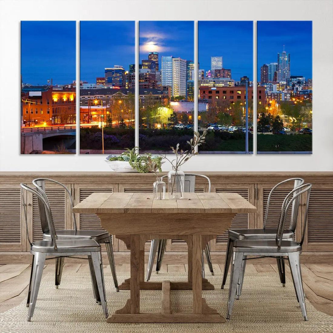 Denver Night Skyline Cloudy Moon Photo Canvas Print Cityscape Wall Art