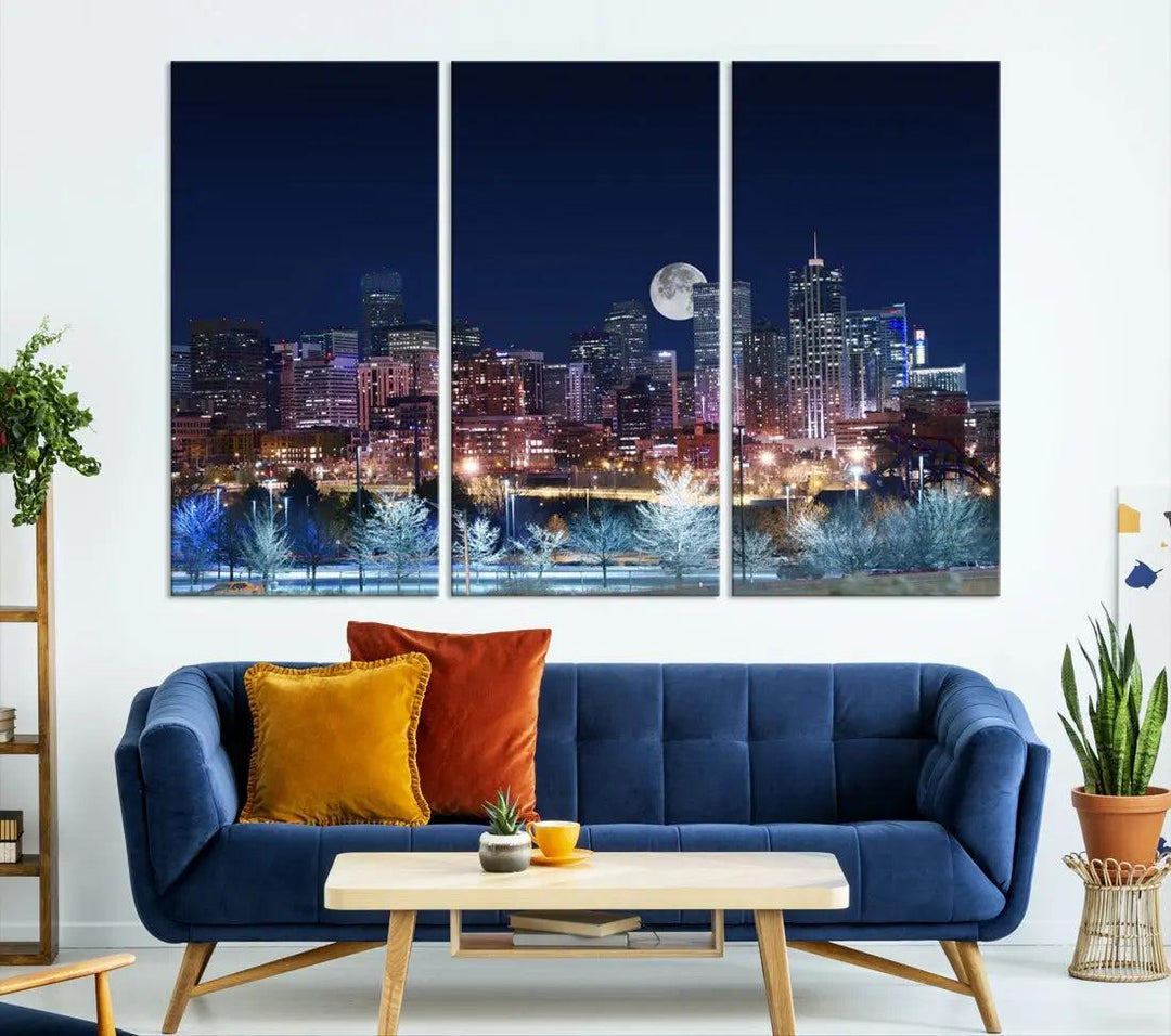 Denver Skyline Canvas Print Full Moon Photo Skyline Cityscape Wall Art