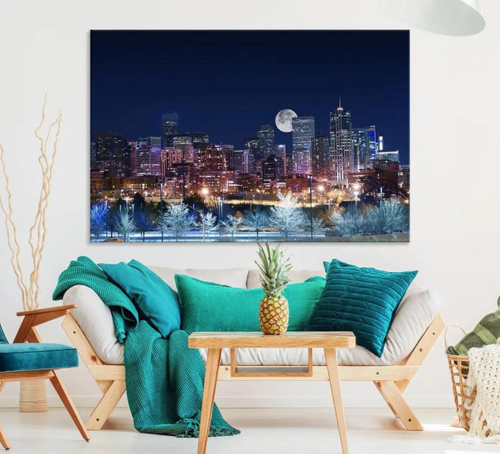 Denver Skyline Canvas Print Full Moon Photo Skyline Cityscape Wall Art