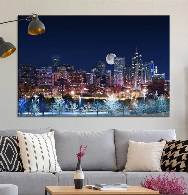 Denver Skyline Canvas Print Full Moon Photo Skyline Cityscape Wall Art