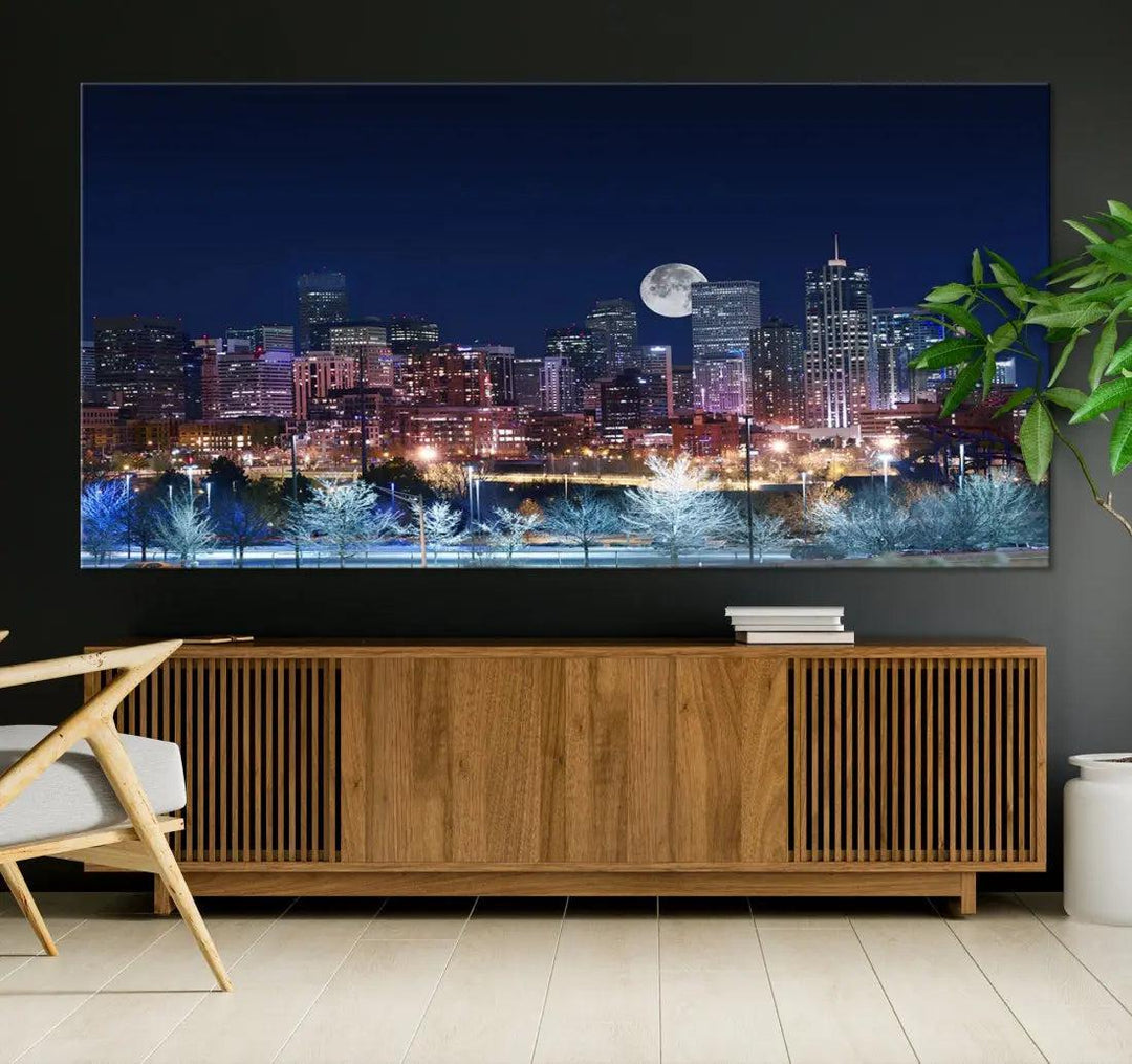 Denver Skyline Canvas Print Full Moon Photo Skyline Cityscape Wall Art