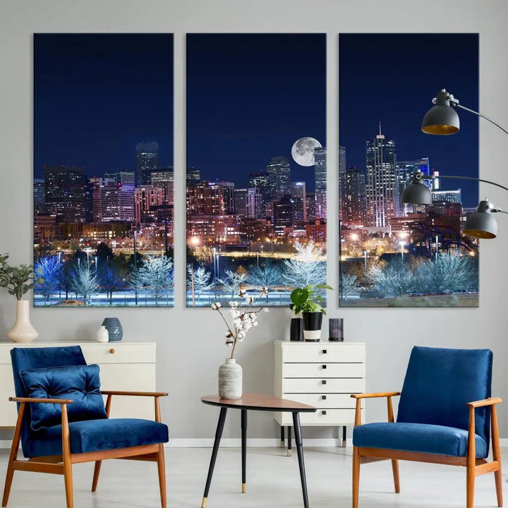 Denver Skyline Canvas Print Full Moon Photo Skyline Cityscape Wall Art