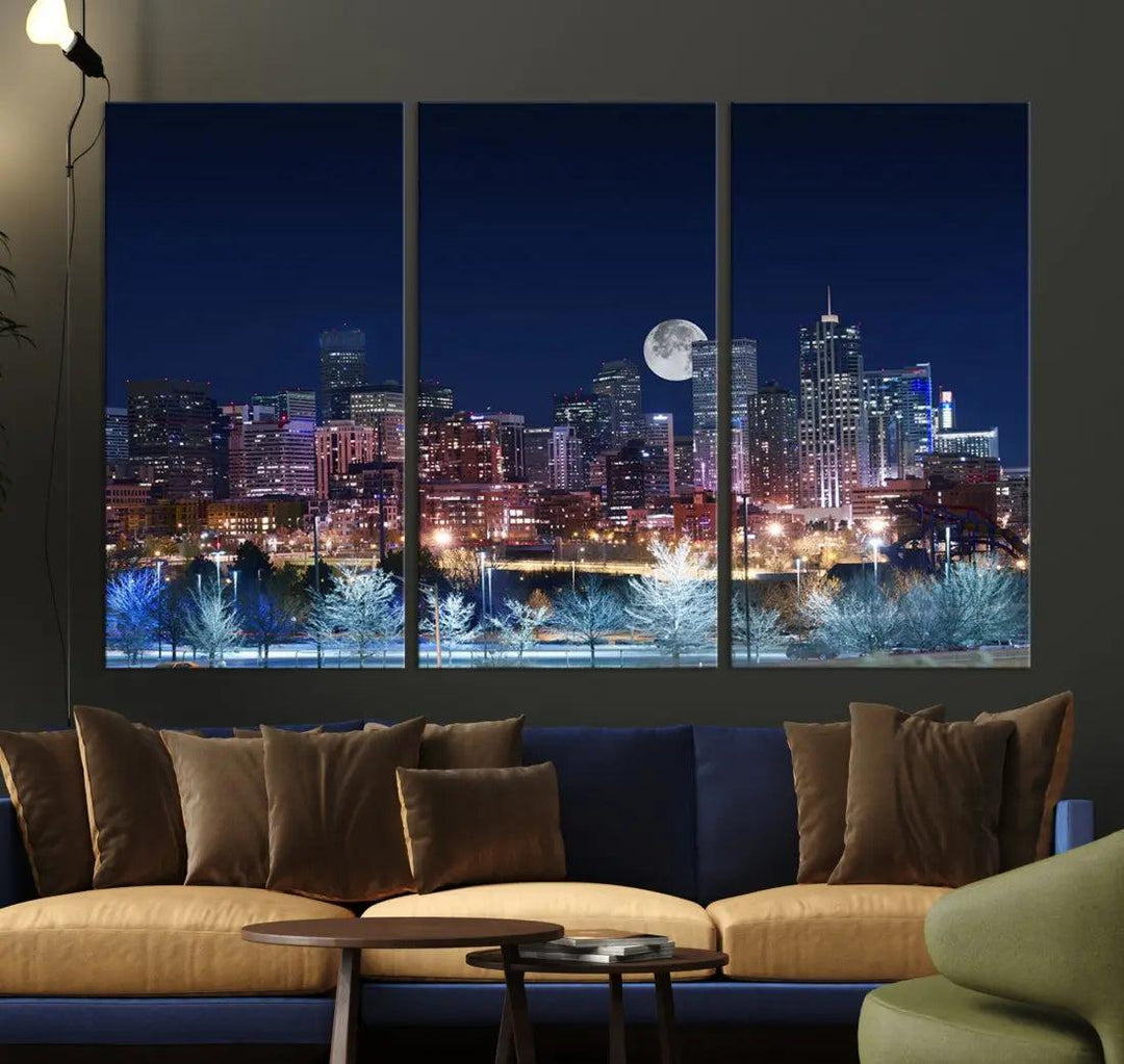 Denver Skyline Canvas Print Full Moon Photo Skyline Cityscape Wall Art