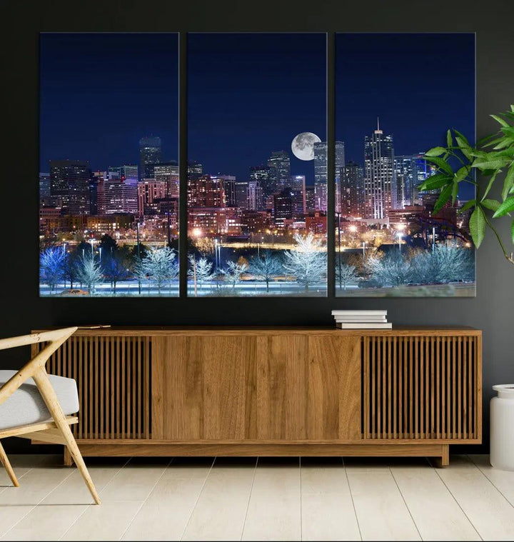 Denver Skyline Canvas Print Full Moon Photo Skyline Cityscape Wall Art