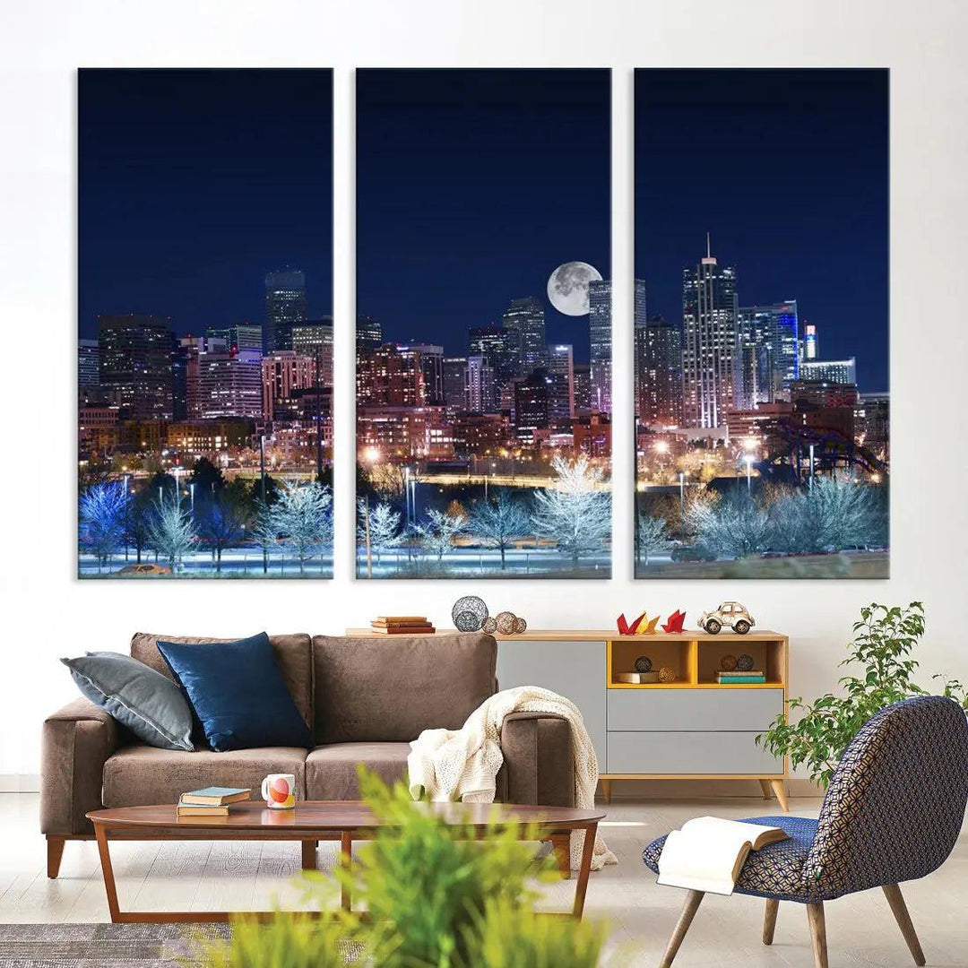 Denver Skyline Canvas Print Full Moon Photo Skyline Cityscape Wall Art