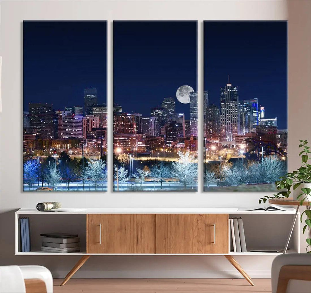 Denver Skyline Canvas Print Full Moon Photo Skyline Cityscape Wall Art