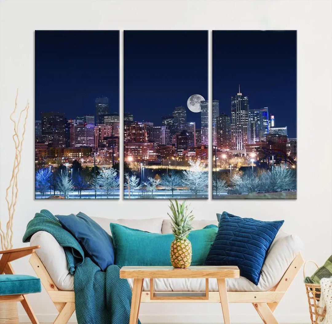 Denver Skyline Canvas Print Full Moon Photo Skyline Cityscape Wall Art