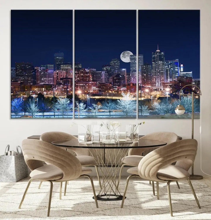 Denver Skyline Canvas Print Full Moon Photo Skyline Cityscape Wall Art