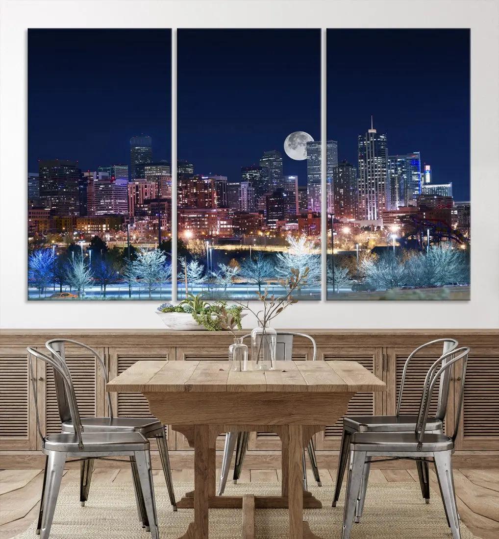 Denver Skyline Canvas Print Full Moon Photo Skyline Cityscape Wall Art