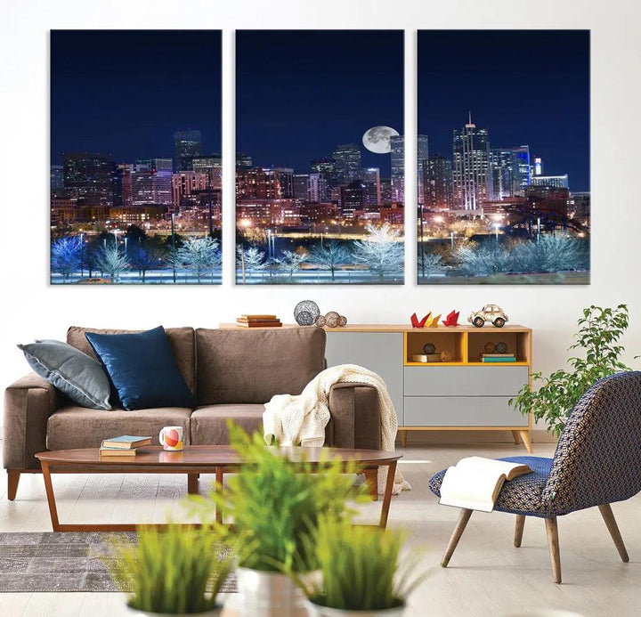 Denver Skyline Canvas Print Full Moon Photo Skyline Cityscape Wall Art