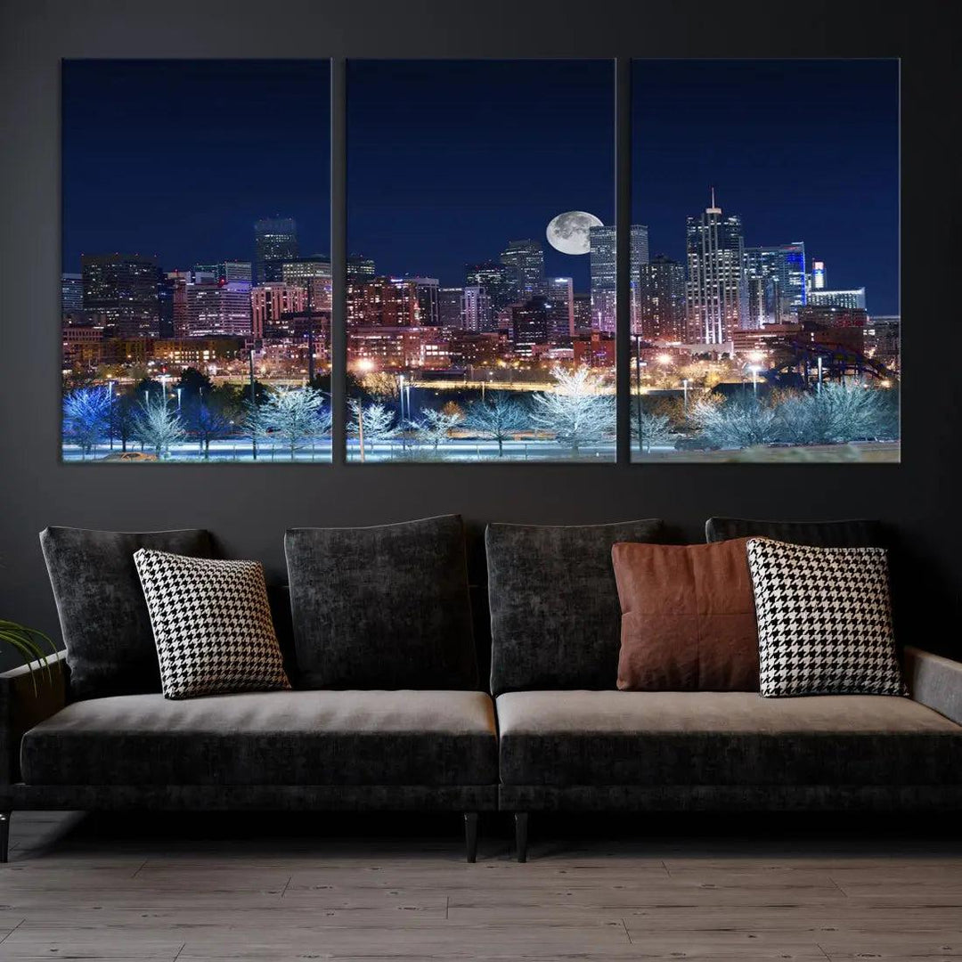 Denver Skyline Canvas Print Full Moon Photo Skyline Cityscape Wall Art