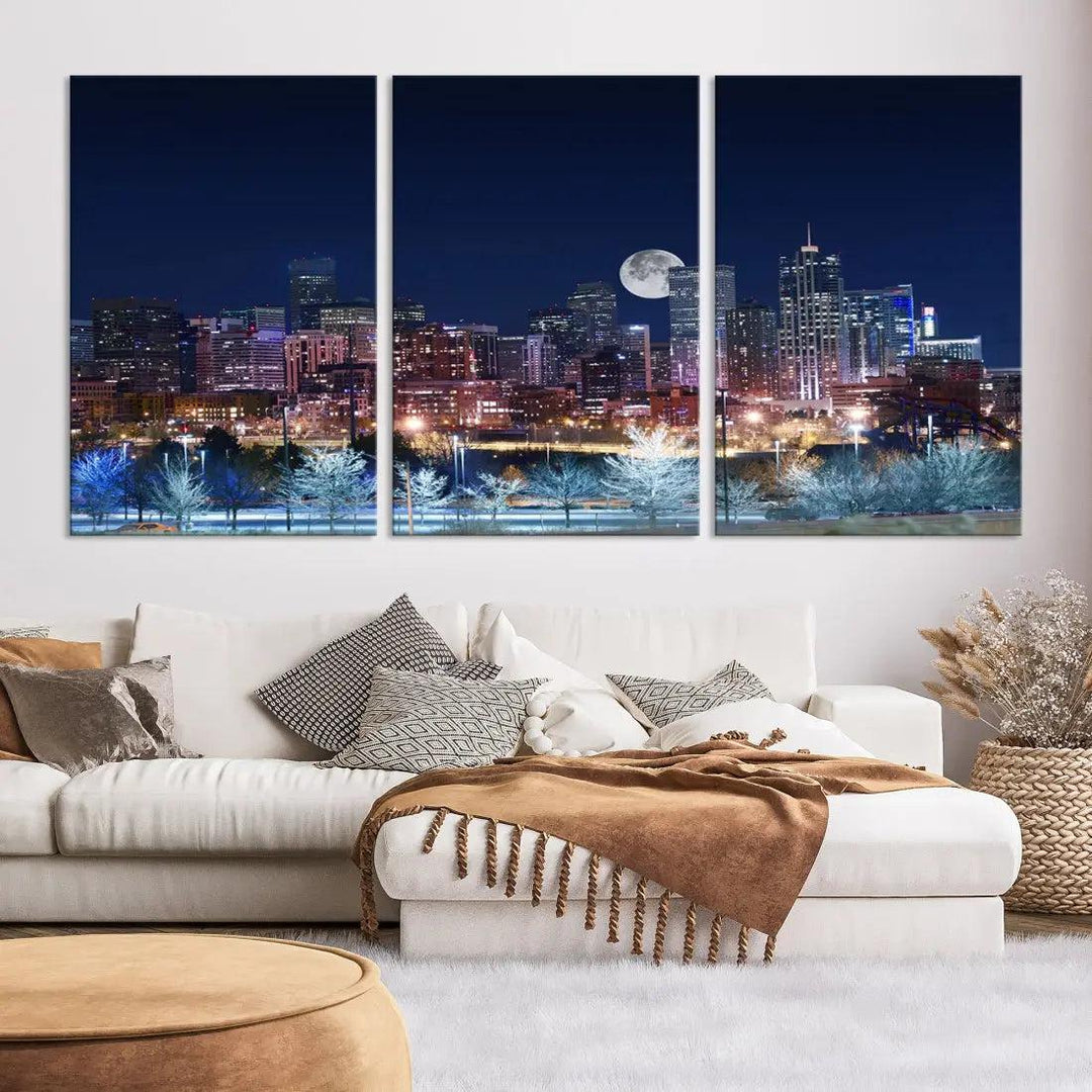 Denver Skyline Canvas Print Full Moon Photo Skyline Cityscape Wall Art