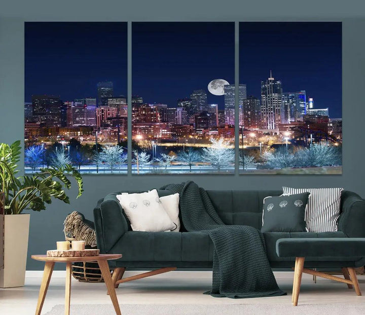 Denver Skyline Canvas Print Full Moon Photo Skyline Cityscape Wall Art