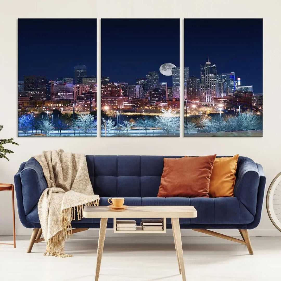 Denver Skyline Canvas Print Full Moon Photo Skyline Cityscape Wall Art