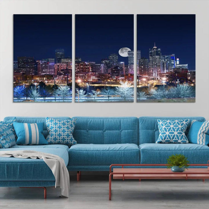 Denver Skyline Canvas Print Full Moon Photo Skyline Cityscape Wall Art