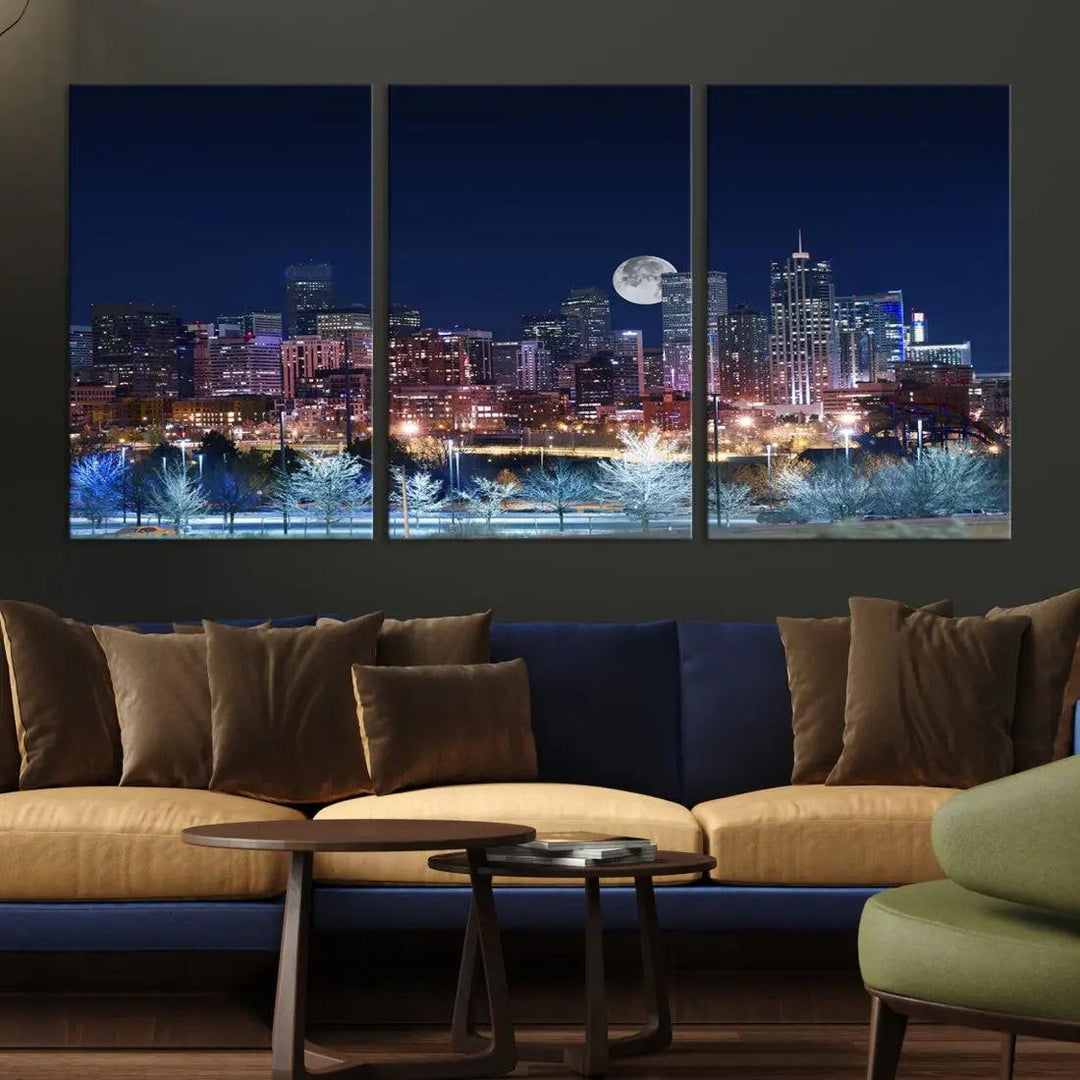 Denver Skyline Canvas Print Full Moon Photo Skyline Cityscape Wall Art