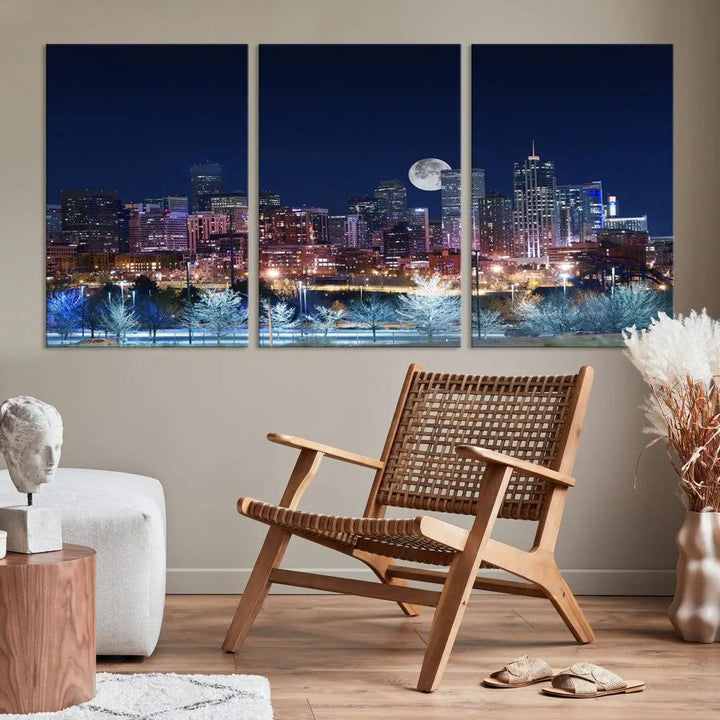 Denver Skyline Canvas Print Full Moon Photo Skyline Cityscape Wall Art