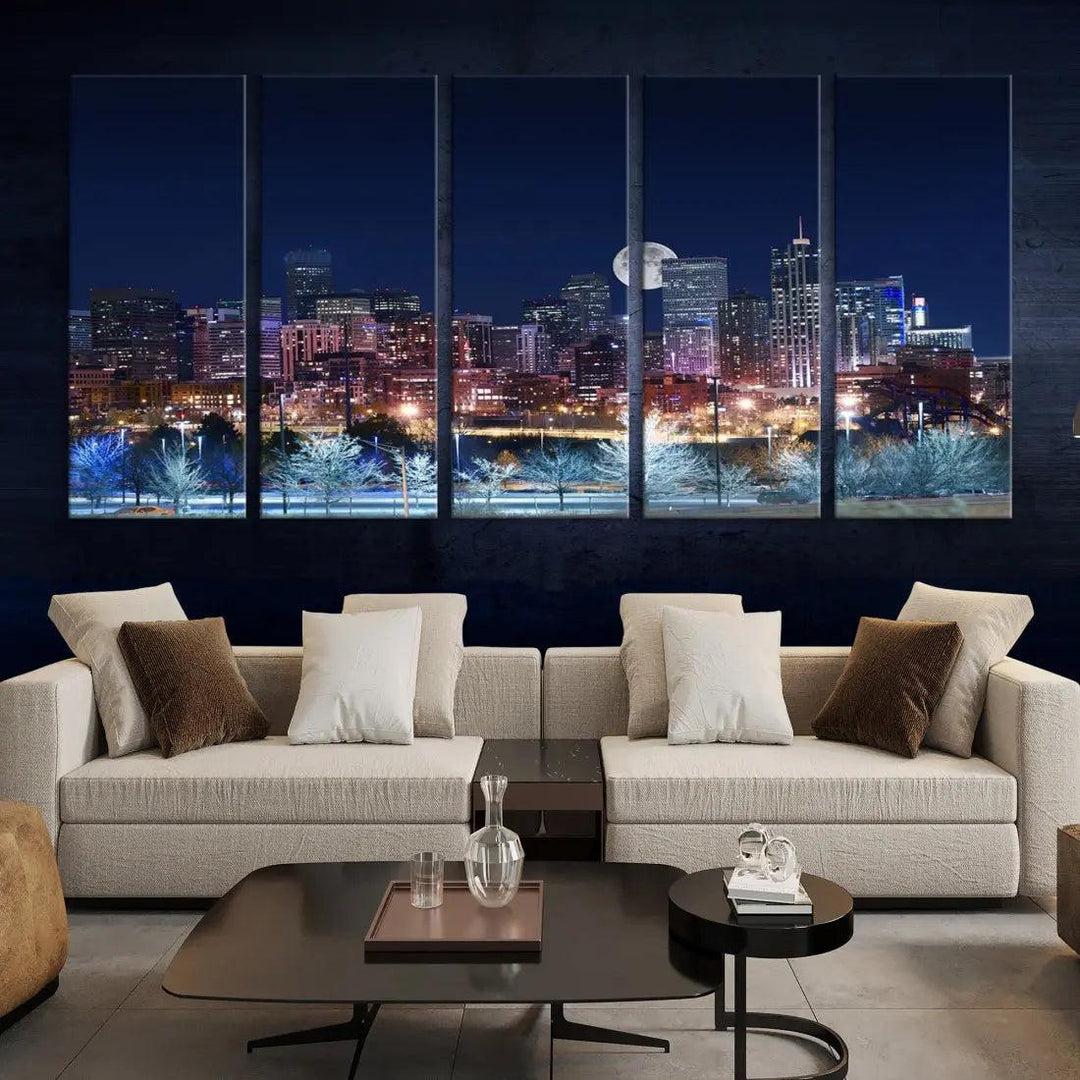 Denver Skyline Canvas Print Full Moon Photo Skyline Cityscape Wall Art