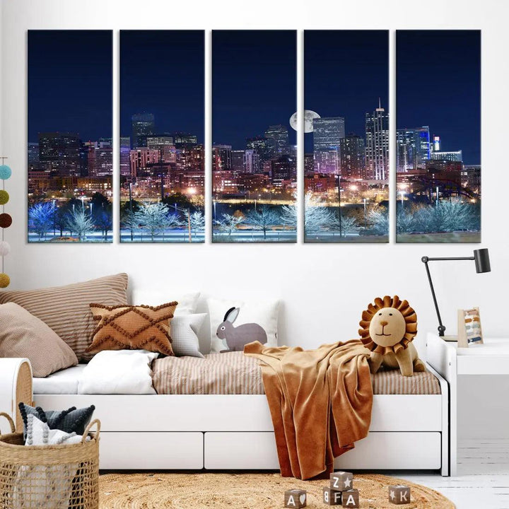 Denver Skyline Canvas Print Full Moon Photo Skyline Cityscape Wall Art