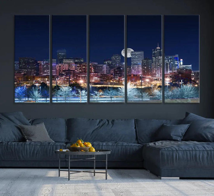 Denver Skyline Canvas Print Full Moon Photo Skyline Cityscape Wall Art