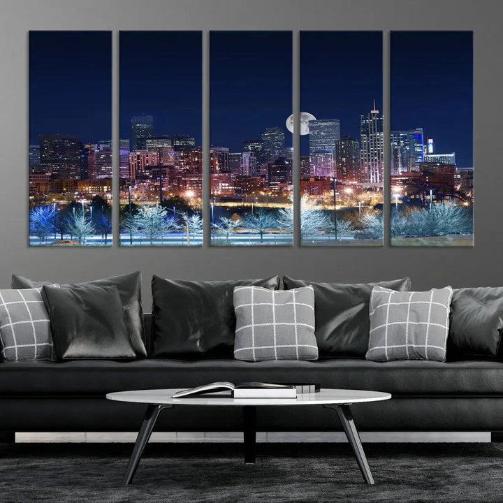 Denver Skyline Canvas Print Full Moon Photo Skyline Cityscape Wall Art